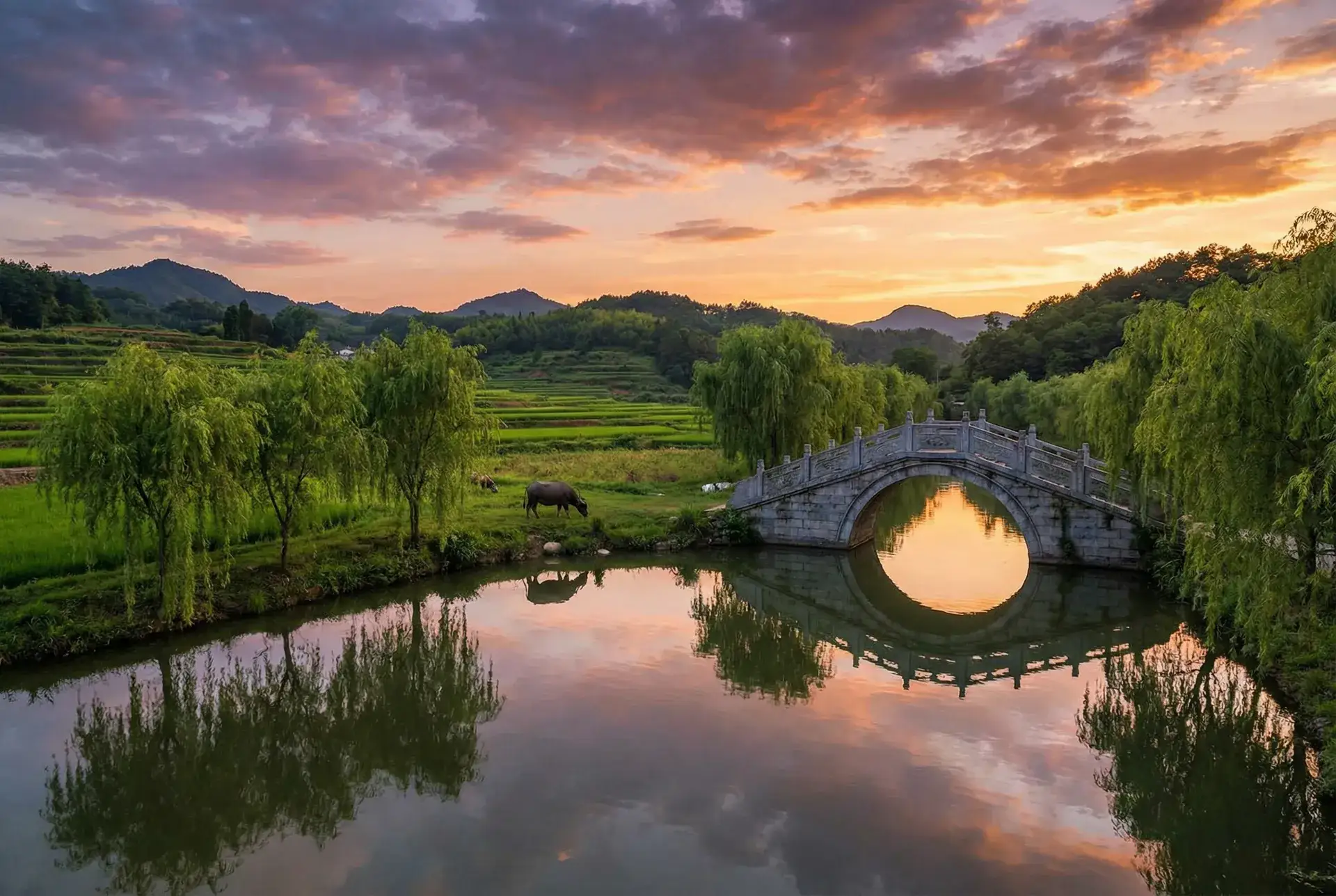 夕阳下的石拱桥与垂柳，水牛在河边吃草 - 第一会所关闭注册 乡村美景